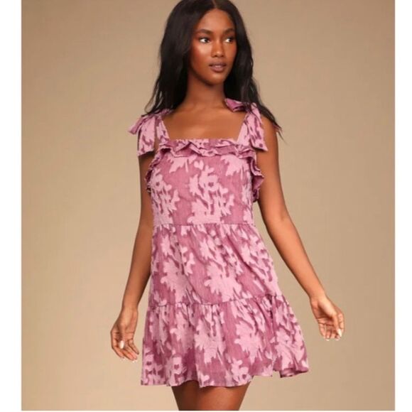 Lulus Rush of Romance Mauve Burnout Tie-Strap Tiered Mini Dress XL - Picture 1 of 10